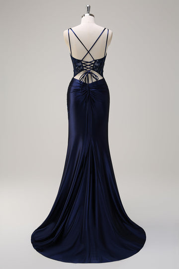 Navy sirena spaghetti spalline corsetto increspato lungo Abito da cerimonia con fessura